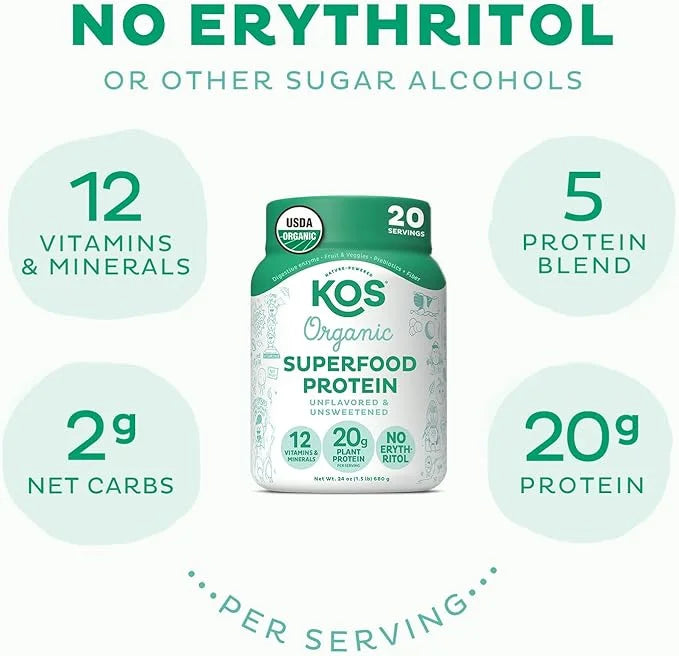 KOS Vegan Protein Powder, Unflavored & Unsweetened 20 Servings