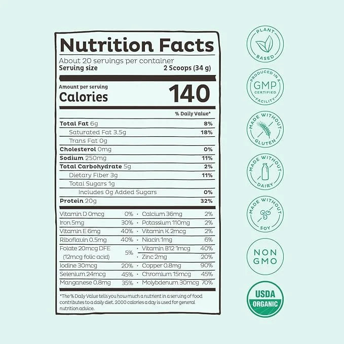 KOS Vegan Protein Powder, Unflavored & Unsweetened 20 Servings