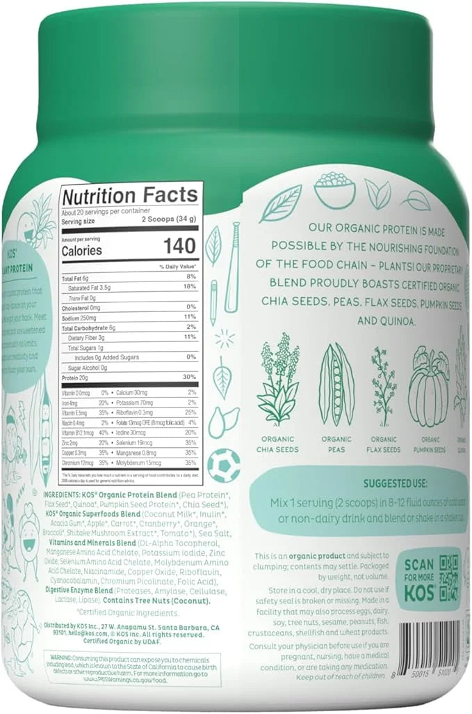 KOS Vegan Protein Powder, Unflavored & Unsweetened 20 Servings