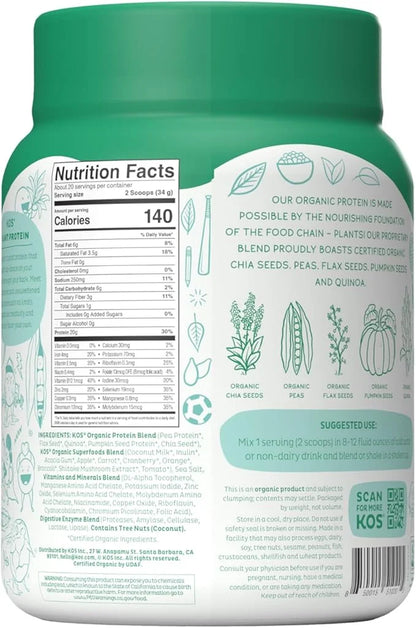 KOS Vegan Protein Powder, Unflavored & Unsweetened 20 Servings