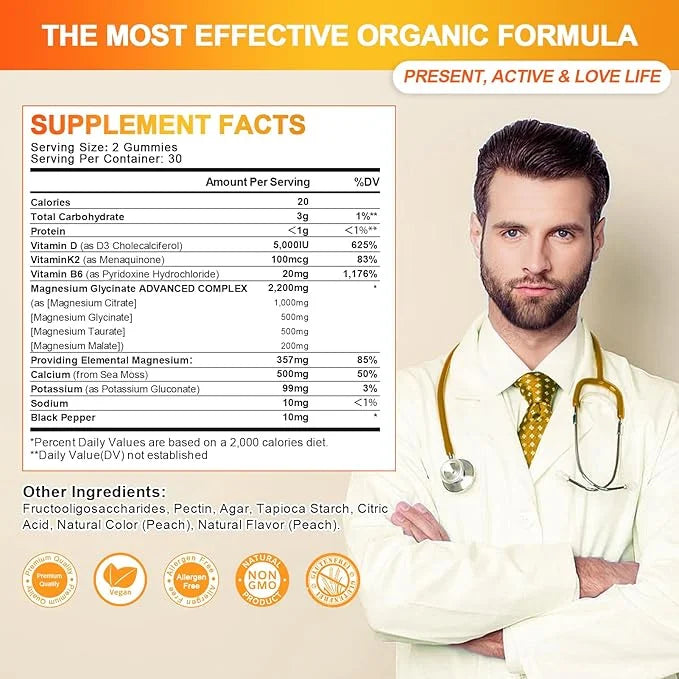 Magnesium Glycinate Gummies with Citrate 1000mg, B6, K2, K2, and 60 Peach