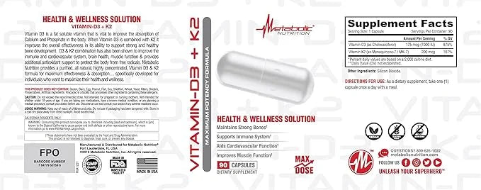 Metabolic Nutrition Vitamin D3 + K2, 90 Veggie 7000IU per
