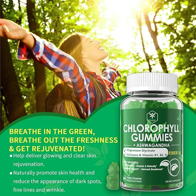 Chlorophyll Fiber Gummies 200mg +Ashwagandha, B1 B2 B2 for 2 Packs