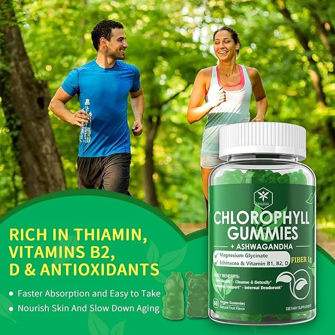 Chlorophyll Fiber Gummies 200mg +Ashwagandha, B1 B2 B2 for 2 Packs