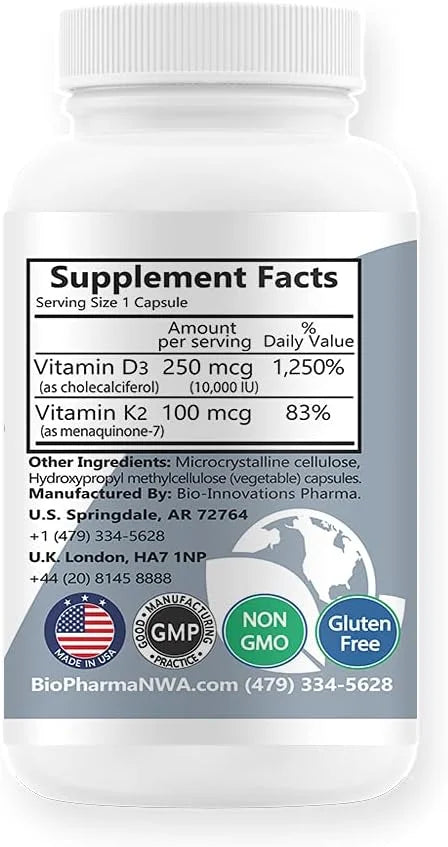 D3+K2 10,000IU D3 Cholecalciferol 100mcg, MK7 120 Capsules