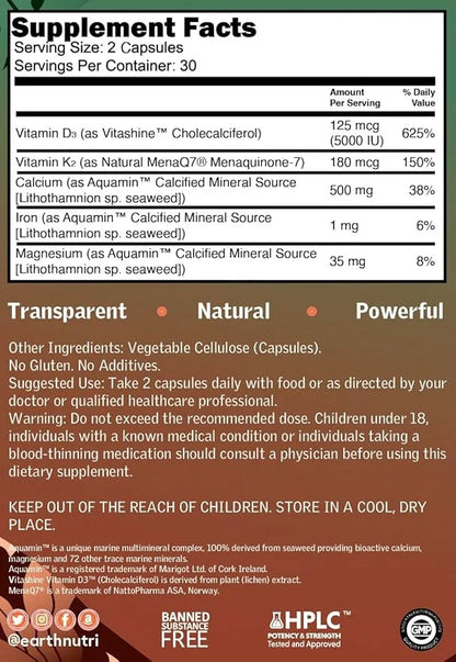 EarthNutri D3 + K2 + 72 D3 from K2 from Q7, Calcium 60 Veg