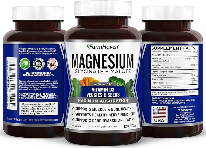 FarmHaven Magnesium Glycinate & Malate Complex D3, 100% 100% Chelated 600 Capsules, 300 Days