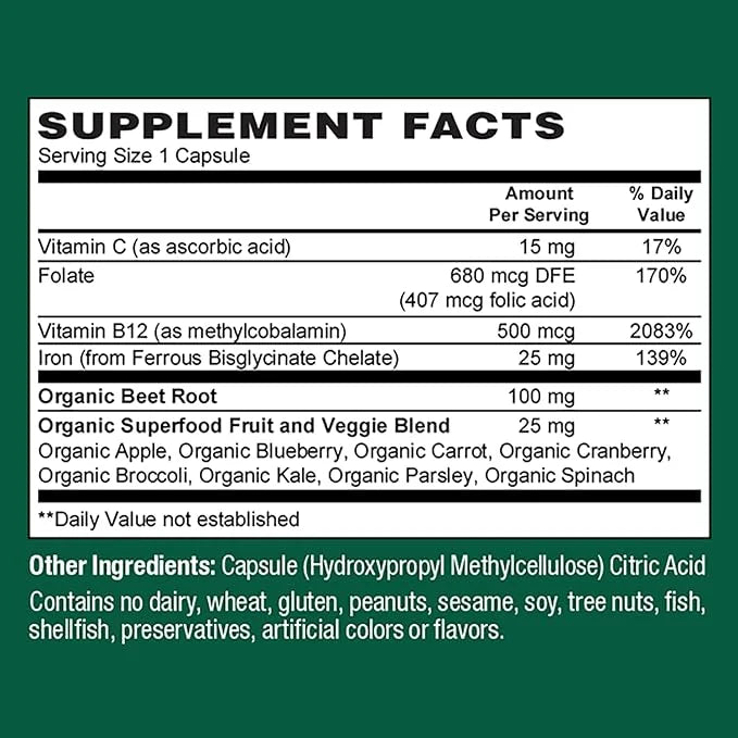 PlantFusion Vegan Iron Supplement for Women B12, Folate 60 Capsules