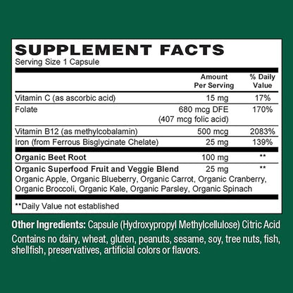 PlantFusion Vegan Iron Supplement for Women B12, Folate 60 Capsules