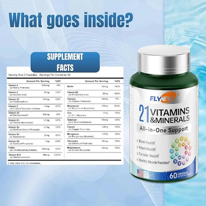 21 Vitamins &Minerals, All-in-One Support, Multivitamin K2, Vitamin D3, Vitamin B12, B6, B6, Folate, 60 Capsules