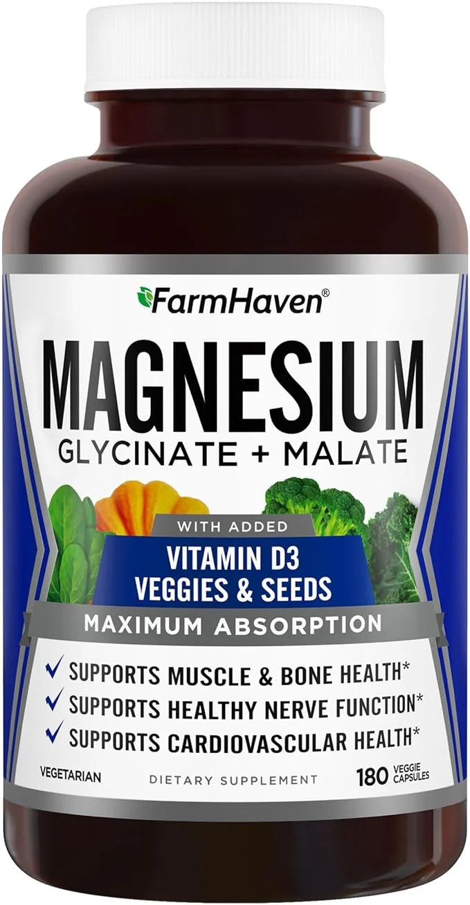 FarmHaven Magnesium Glycinate & Malate Complex D3, 100% 100% Chelated 180 Capsules, 90 Days