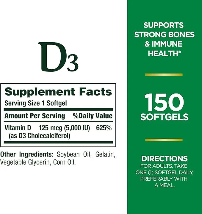 Nature's Bounty Vitamin D3, Immune and 5000IU, Rapid 150 Ct