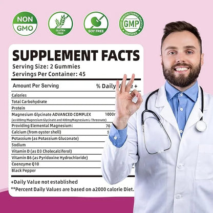 90 CT Magnesium Glycinate Gummies 1000mg B6, CoQ10 CoQ10 for 90 Elderberry
