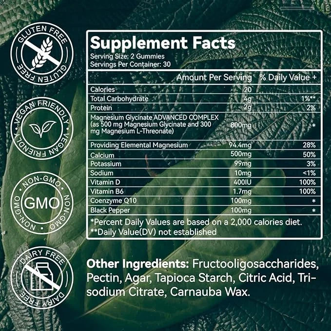 Magnesium Glycinate Gummies 500mg with L-Threonate 300mg B6, CoQ10 CoQ10 - 60 Gummies