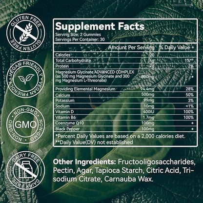 Magnesium Glycinate Gummies 500mg with L-Threonate 300mg B6, CoQ10 CoQ10 - 60 Gummies