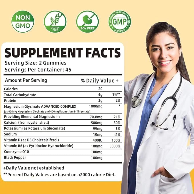 90 CT Magnesium Glycinate Gummies 1000mg B6, CoQ10 CoQ10 for 90 Mango
