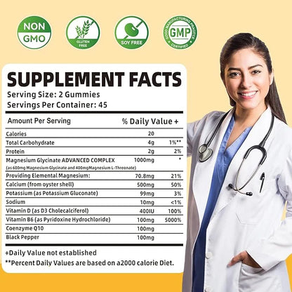 90 CT Magnesium Glycinate Gummies 1000mg B6, CoQ10 CoQ10 for 90 Mango