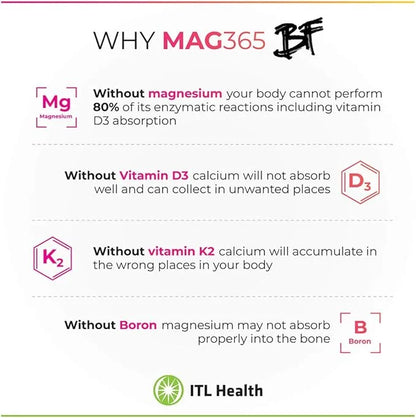 MAG365 Magnesium | ITL Health | B6, D3, D3, K2 K2 | 180g Powder