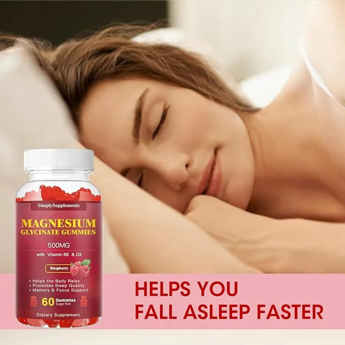 Magnesium Glycinate Gummies 500mg, Chewable Magnesium D3, B6, B6, CoQ10, CoQ10, for 60 Raspberry