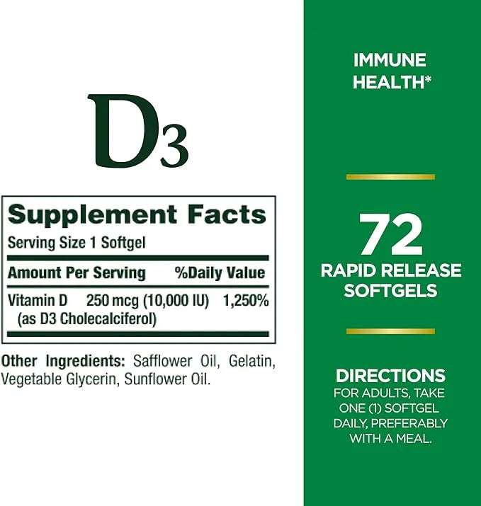 Nature's Bounty Vitamin D for Immune 10000IU, Softgels, 10,000 IU, 72 Count 1)