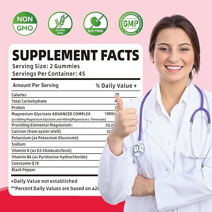 90 CT Magnesium Glycinate Gummies 1000mg B6, CoQ10 CoQ10 for 90 Raspberry