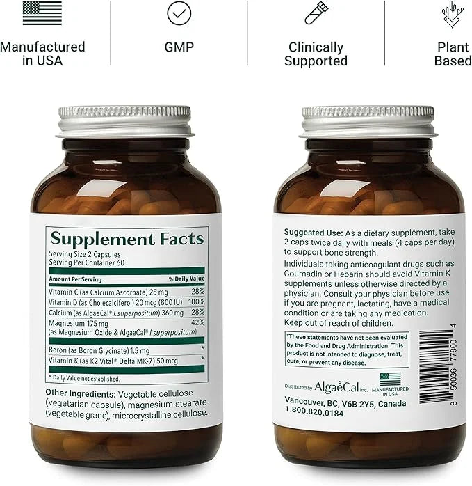ALGAECAL Plus - Organic Red Algae K2 MK7 MK7 (100mg), (100mg), Vitamin D3 (1600 (1600 IU), (250mg) & 3 Month