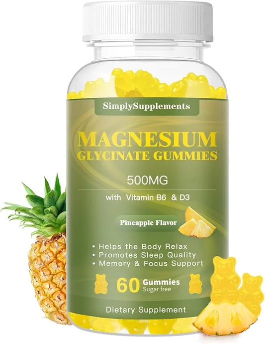 Magnesium Glycinate Gummies 500mg, Chewable Magnesium D3, B6, B6, CoQ10, CoQ10, for 60 Pineapple