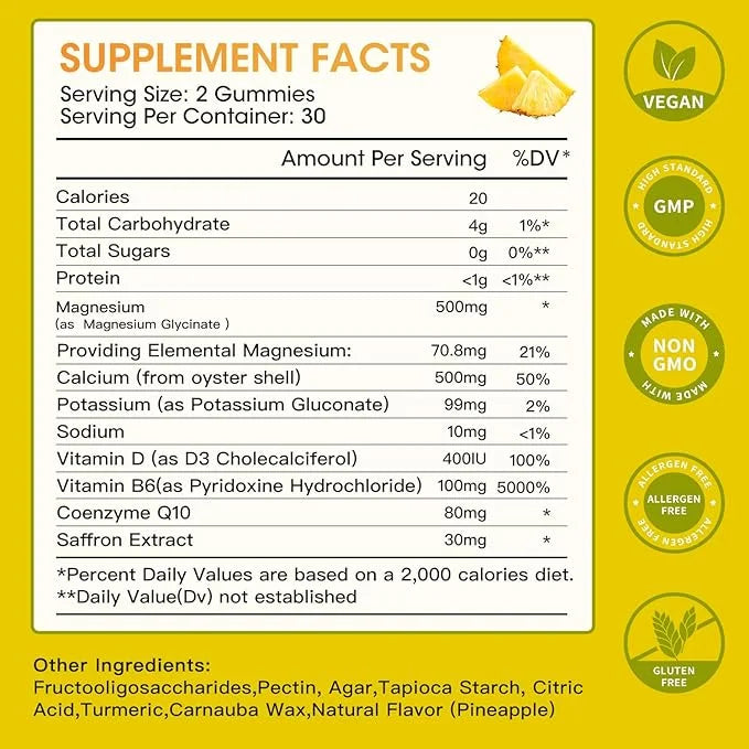 Magnesium Glycinate Gummies 500mg, Chewable Magnesium D3, B6, B6, CoQ10, CoQ10, for 60 Pineapple