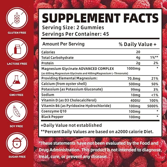 Magnesium Glycinate Gummies 1000mg with Magnesium B6, CoQ10, CoQ10, Calcium,Supports 90 Gummies