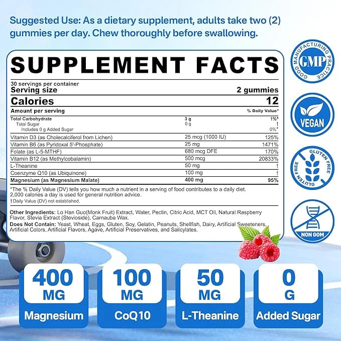 Magnesium Gummies 400mg, Superior Alternative to CoQ10-100mg, Vitamin D3, Active B6, Folate 5-MTHF plus B12, Sugar Free,2Pack