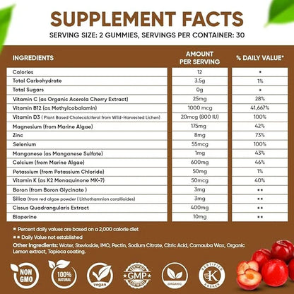 Vegan Calcium Gummies K2 Vitamin Supplement MK-7 & D3, Magnesium 13 Trace B12 - 60 ct.