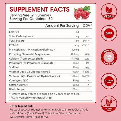Magnesium Glycinate Gummies 500mg, Chewable Magnesium D3, B6, B6, CoQ10 CoQ10 for 60 Raspberry Gummies（2 Pack)