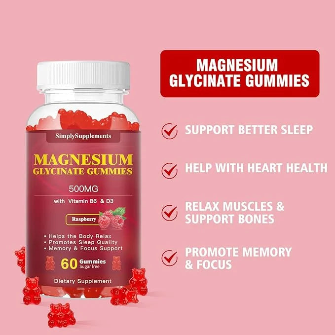 Magnesium Glycinate Gummies 500mg, Chewable Magnesium D3, B6, B6, CoQ10 CoQ10 for 60 Raspberry Gummies（2 Pack)