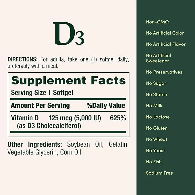 Nature's Bounty Vitamin D3, Immune Support, 125 mcg (5000iu), Rapid 240 Ct