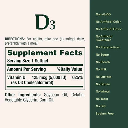 Nature's Bounty Vitamin D3, Immune Support, 125 mcg (5000iu), Rapid 240 Ct