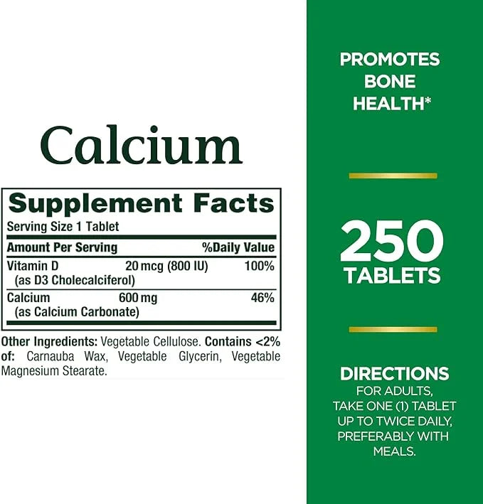 Nature's Bounty Calcium Carbonate & Vitamin 600mg Calcium 800IU Vitamin D3, 250 250 Tablets
