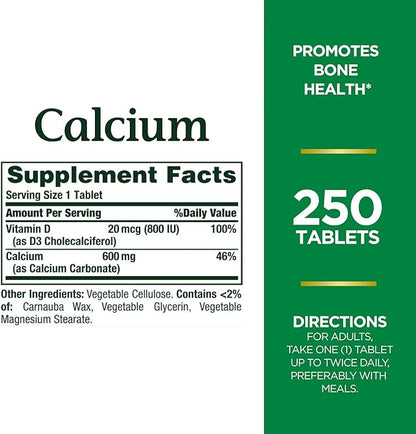 Nature's Bounty Calcium Carbonate & Vitamin 600mg Calcium 800IU Vitamin D3, 250 250 Tablets