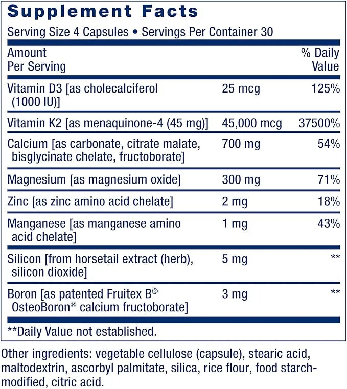 Life Extension Bone Restore Elite Calcium K2, calcium, D3, magnesium, K2, for 120 capsules