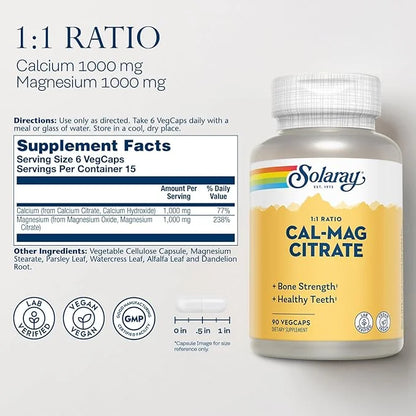 Solaray Calcium Magnesium Citrate 1000mg 1:1 15 Servings, 90 VegCaps