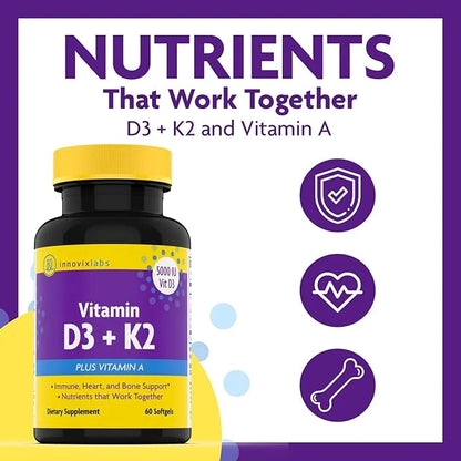 InnovixLabs Vitamin D3 K2-5000 IU Vitamin D3 plus 600 mcg K2 MK4 MK4 and MK7 for 3rd Party 60 Softgels