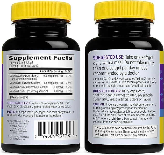 InnovixLabs Vitamin D3 K2-5000 IU Vitamin D3 plus 600 mcg K2 MK4 MK4 and MK7 for 3rd Party 60 Softgels