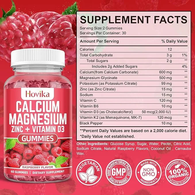Calcium Magnesium Zinc Gummies with Potassium B6, D3, D3, K2 K2 - 60 Cts
