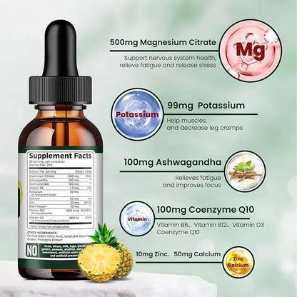 Potassium Magnesium Citrate Supplement, Liquid Magnesium 500mg with D3, B6, B6, B12, B12, CoQ10 CoQ10 - 2 fl