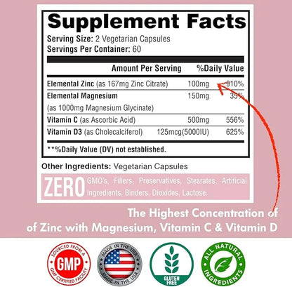 Zinc, Zinc 100mg, Magnesium Glycinate 150mg, D3 5000 5000 IU, 500mg Per