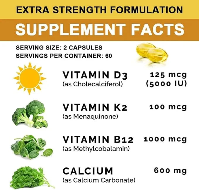 Extra Strength 4-in-1 Calcium + Vitamin D3 + K2 + B12 Supplement 120 Softgels, 60 Day