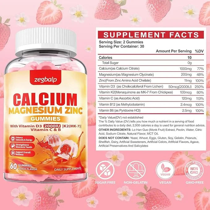 Calcium Magnesium Zinc Gummies with Vitamin D3 & K2 High