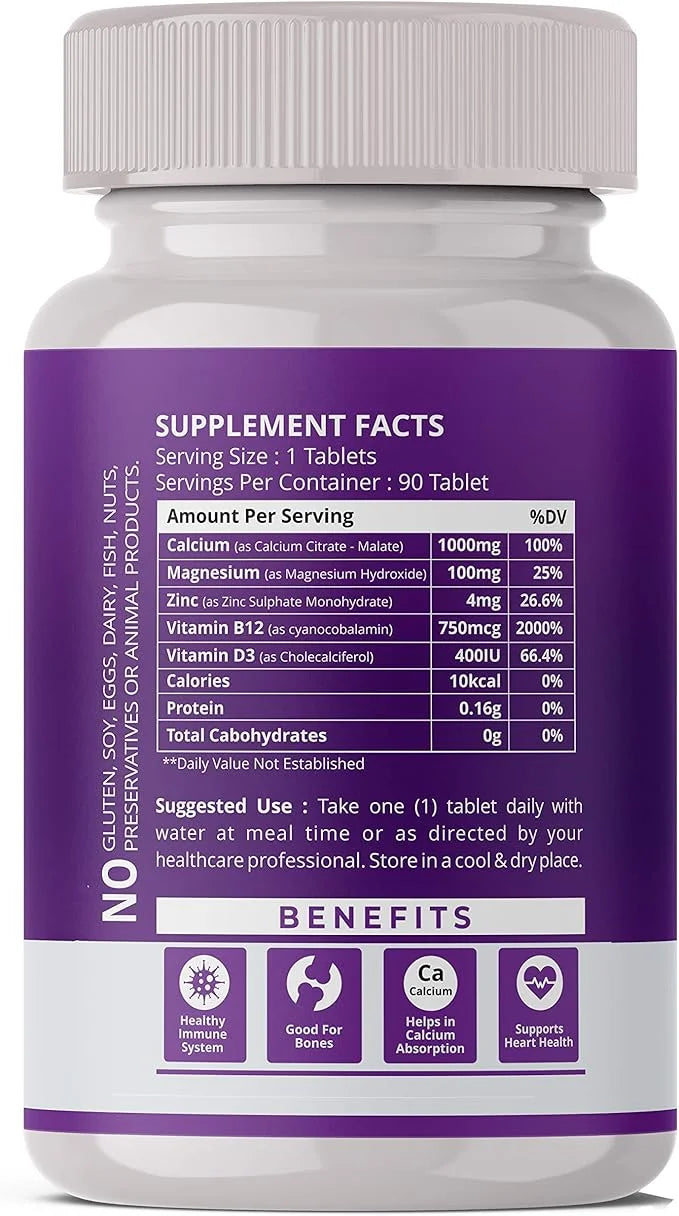 Hoag's Calcium, Magnesium, Zinc with Vitamin D3 and B12 for 90 Vegetarian