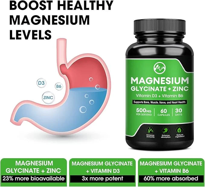 Magnesium Glycinate Capsules, Magnesium Supplement 500mg Zinc D3 & B6 - 60 Vegan