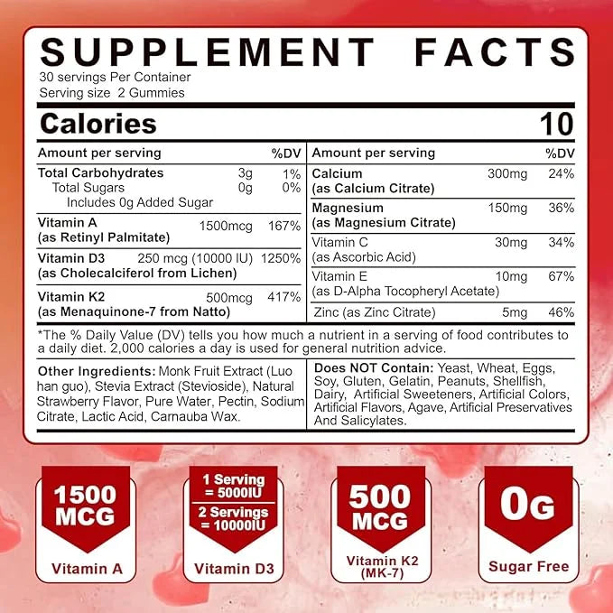 Vitamin A D3 K2 Gummies 5000IU 10,000 IU D3 with 10 Vitamin K2 MK-7 MK-7 500mcg 500mcg for 2Packs