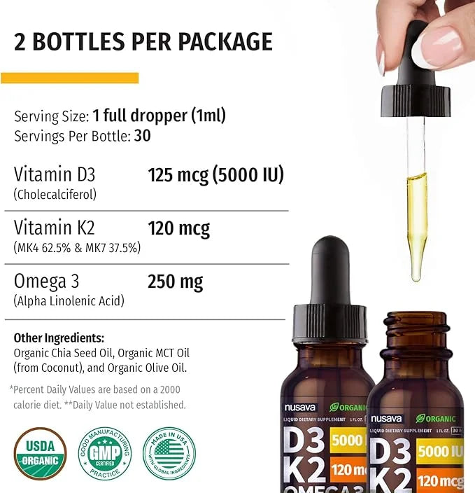 (2 Pack) Organic Vitamin D3 K2 3, 5000 5000 IU, 5000 IU, D3 for 2 Fl D3